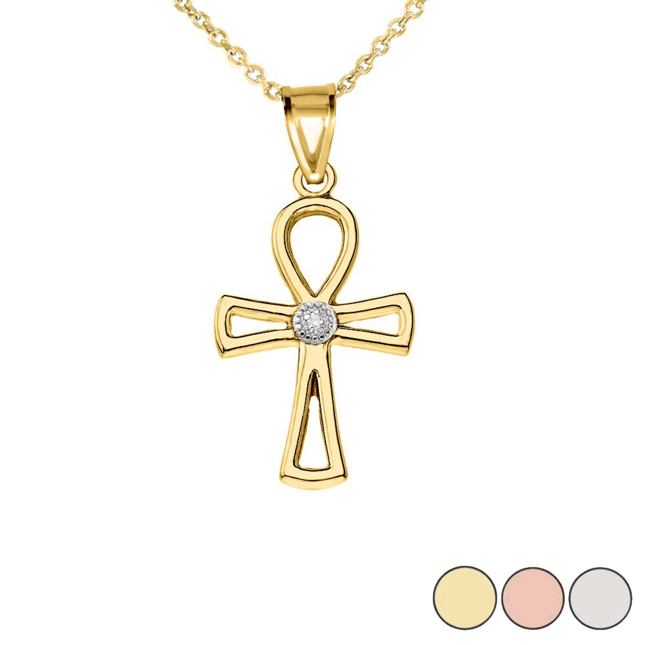 Diamond Outline Egyptian Ankh Cross Pendant Necklace in Gold