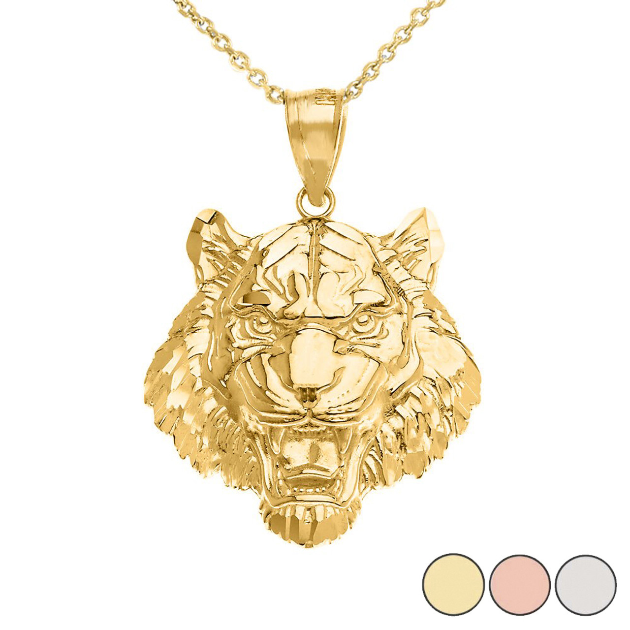 Solid Yellow White Rose Gold Or 925 Silver Diamond Cut Tiger Pendant Necklace 