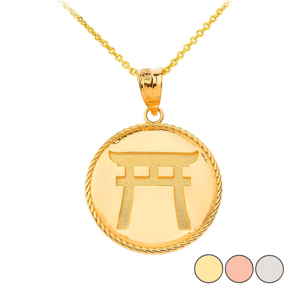 Japanese Torii Shinto Gate Disc Pendant Necklace in Gold (Yellow