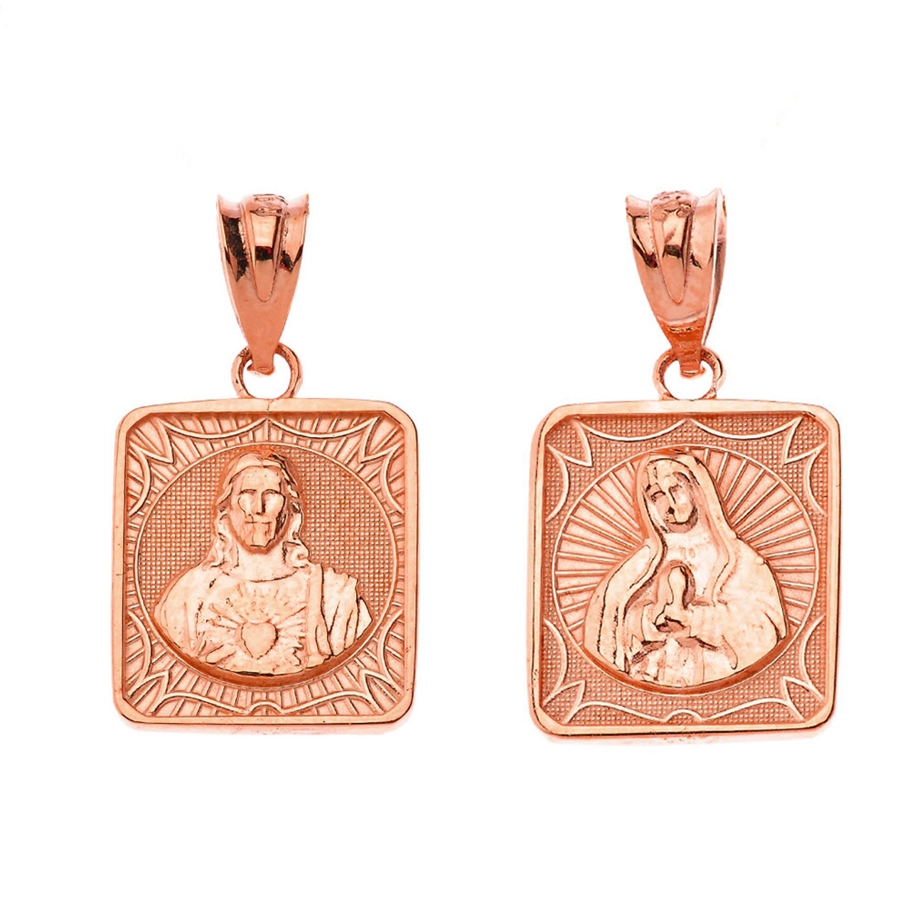 Reversible Virgin Mary and Jesus Christ Square Pendant Necklace in Solid  Gold (Yellow/Rose/White)