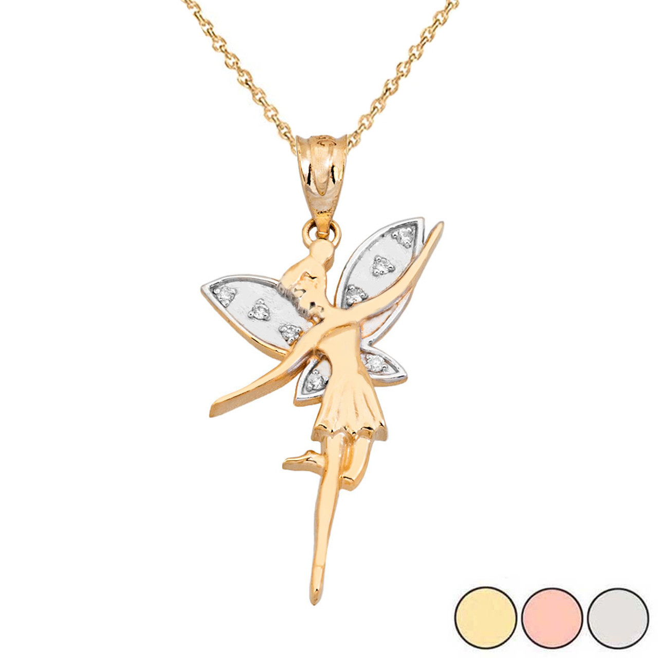 WHITE GOLD ANGEL FAIRY MAGIC WAND PENDANT NECKLACE - Gold Purity