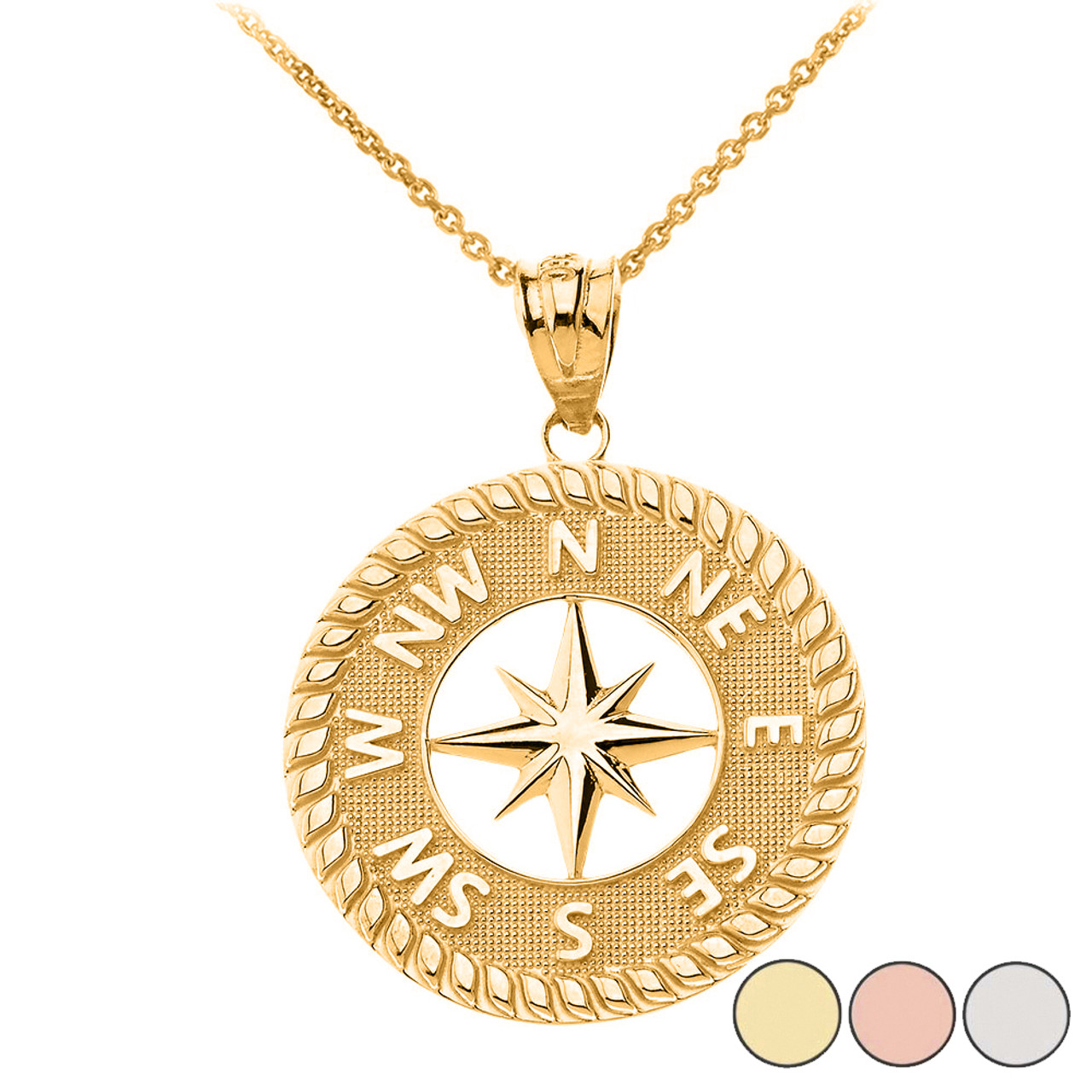 Navigation Compass Pendant Necklace in Solid Gold (Yellow/Rose/White)