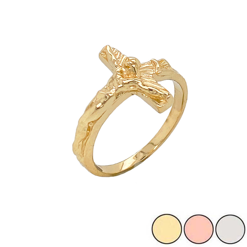 Gold Sideways Jesus Christ Crucifix Cross Ring | Factory Direct