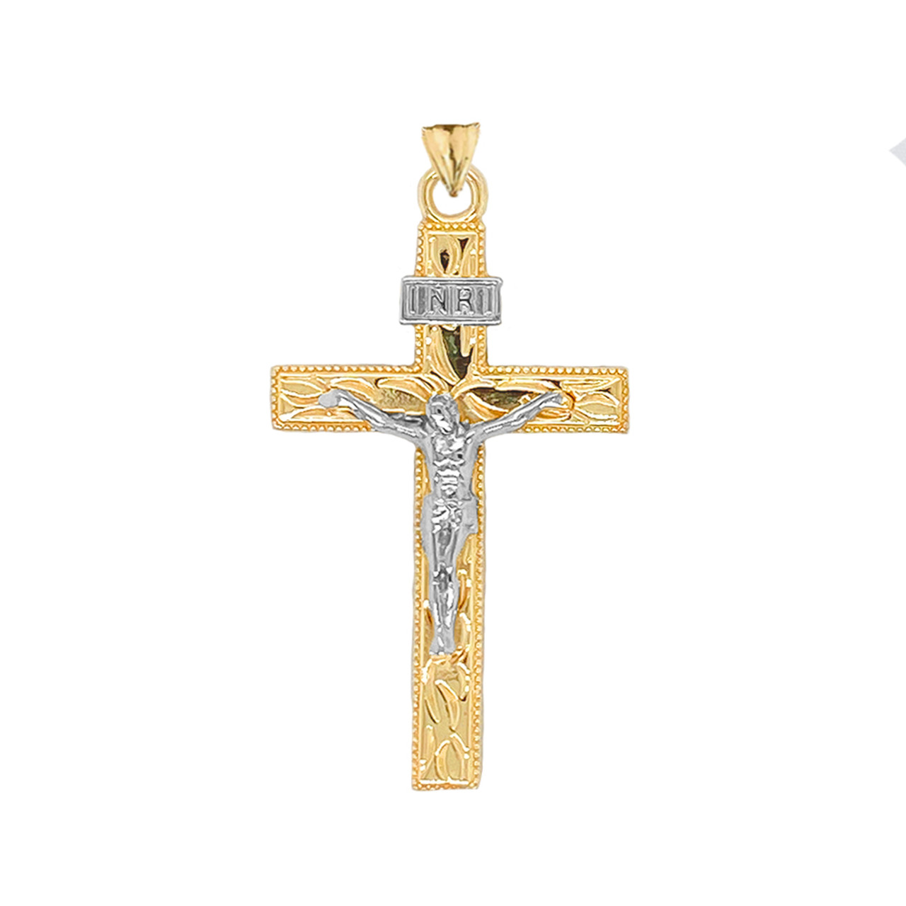 Two Tone Jesus Christ INRI Crucifix Cross Pendant Necklace in Gold  (Yellow/Rose/White) (Large)