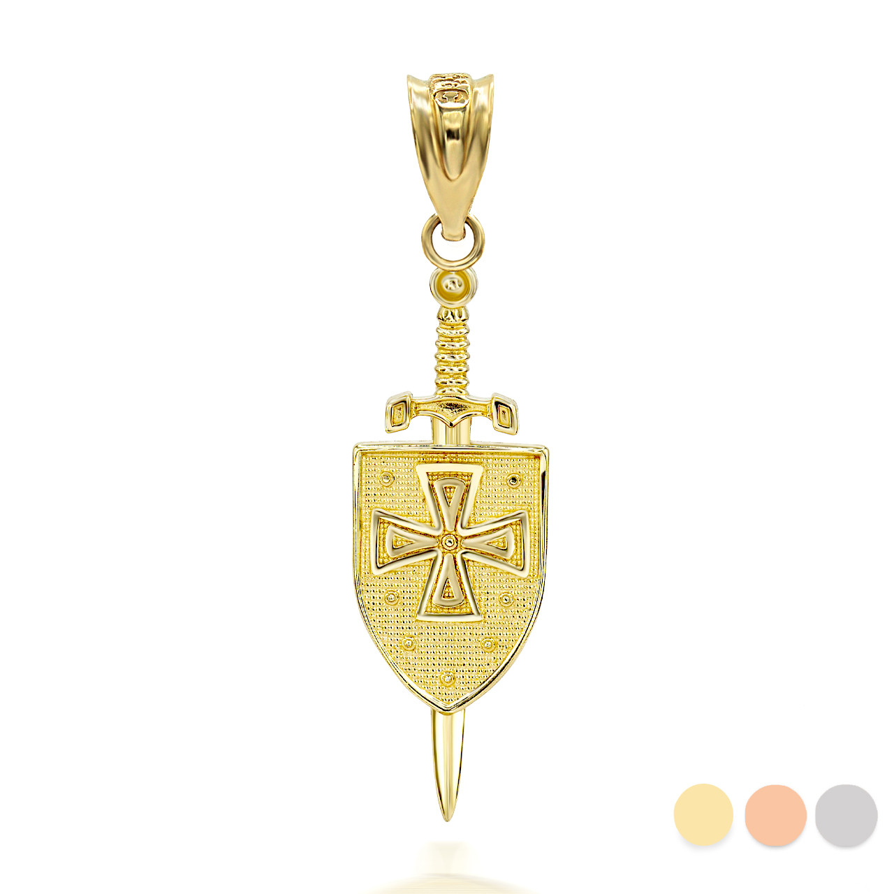 Gold 3D Saint Michael Sword & Shield Cross Pendant Necklace