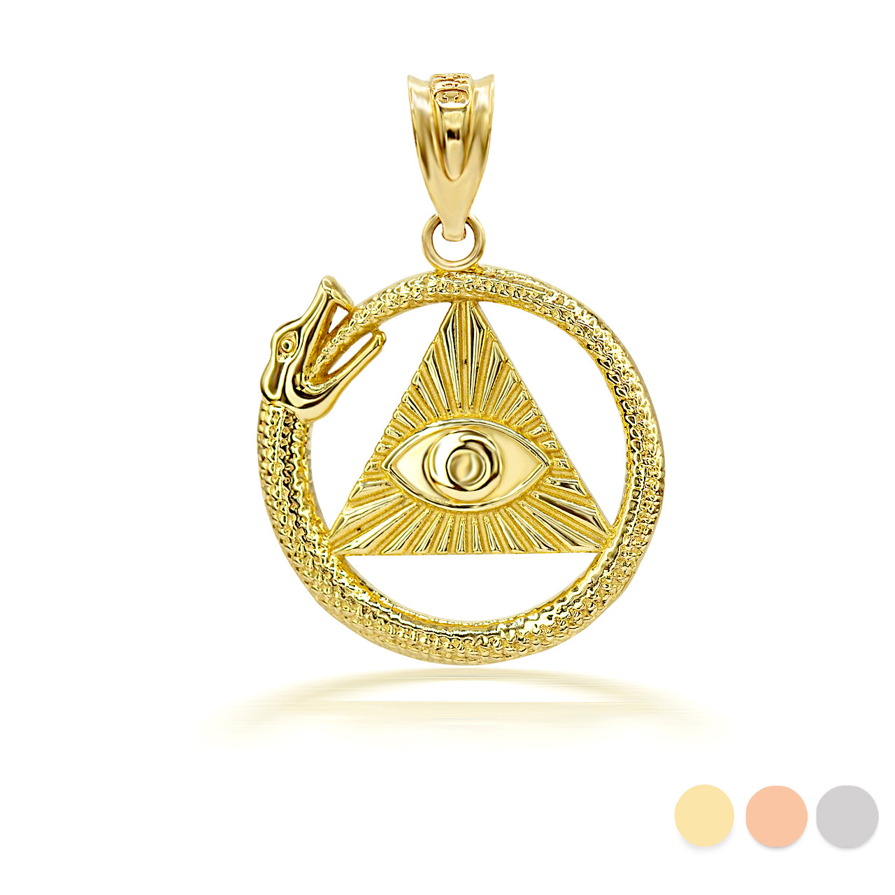 Gold 3D Ouroboros Snake Eye of Providence Pyramid Pendant Necklace  (Available in Yellow/Rose/White Gold)