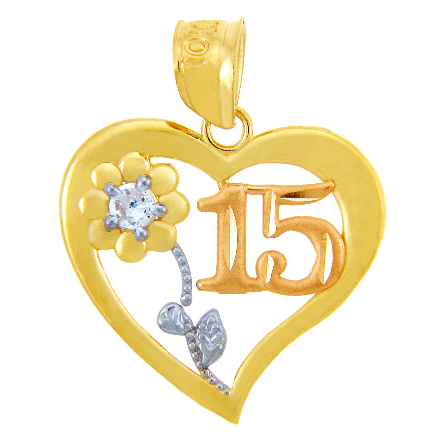 Gold Pendants Sweet 15 Años Quinceanera Pendant Heart w/ Cubic Zirconia