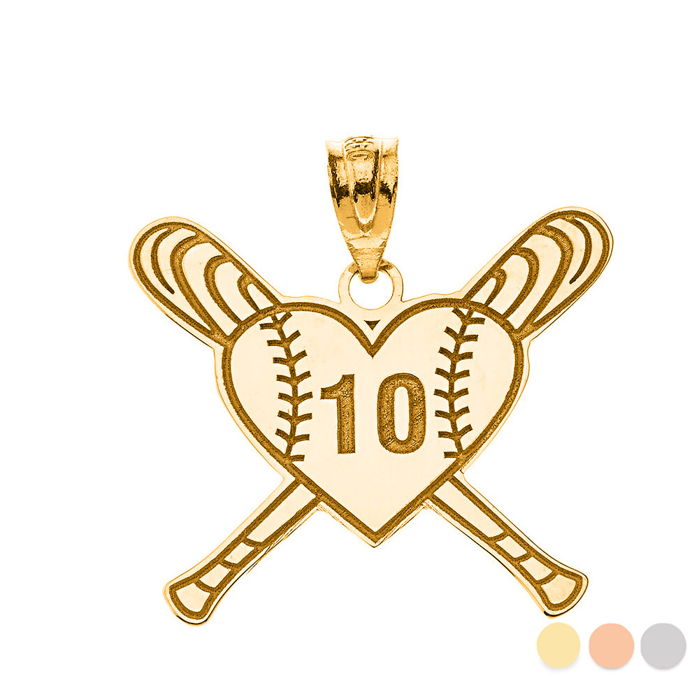 Personalized Engravable Gold Heart with Crossed Baseball Bats Charm