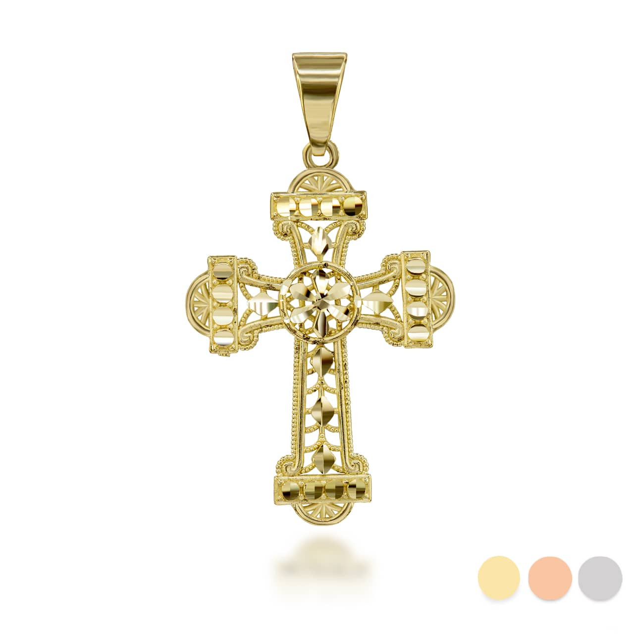 Sparkle Cut Filigree Ornate Cross Pendant Necklace (Yellow/ Rose