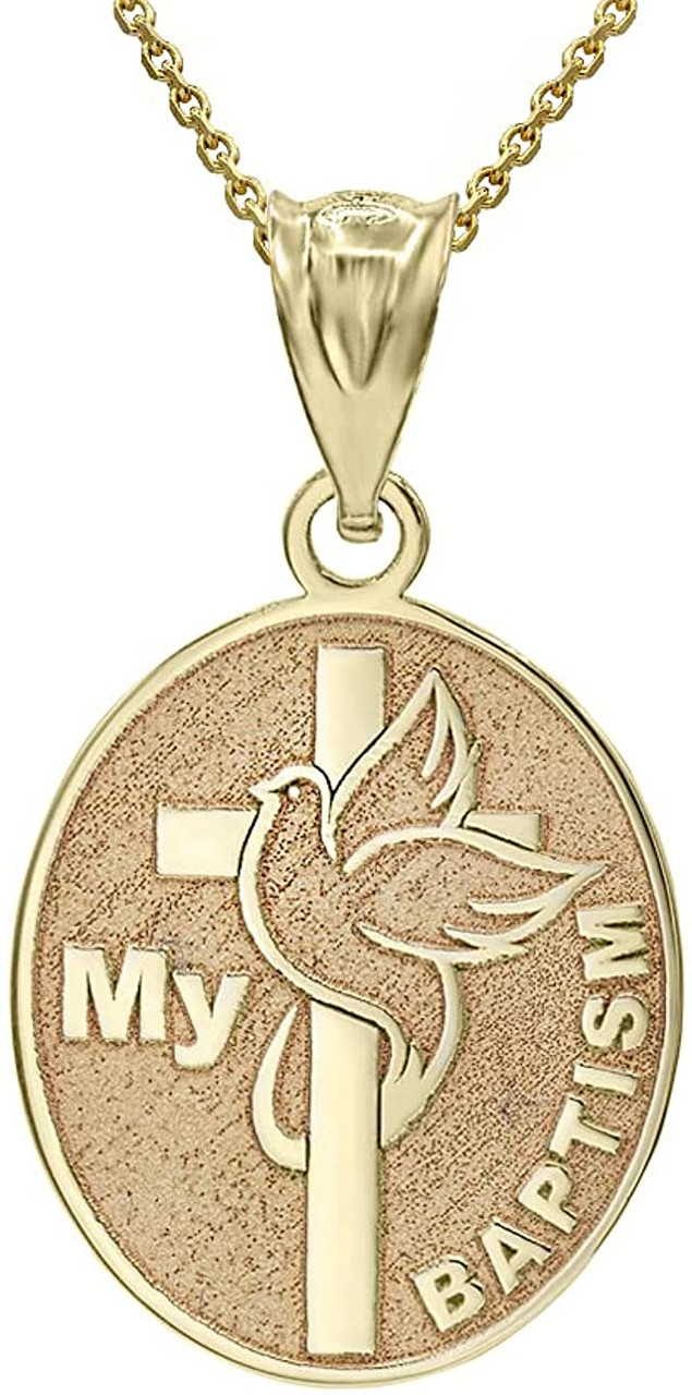 Personalized Gold My Baptism Dove Cross Engravable Oval Charm Pendant  Necklace With Name(Yellow/Rose/White)