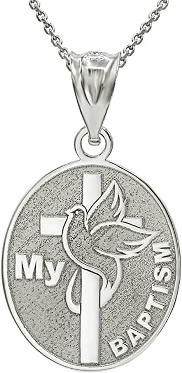 Personalized Gold My Baptism Dove Cross Engravable Oval Charm Pendant  Necklace With Name(Yellow/Rose/White)