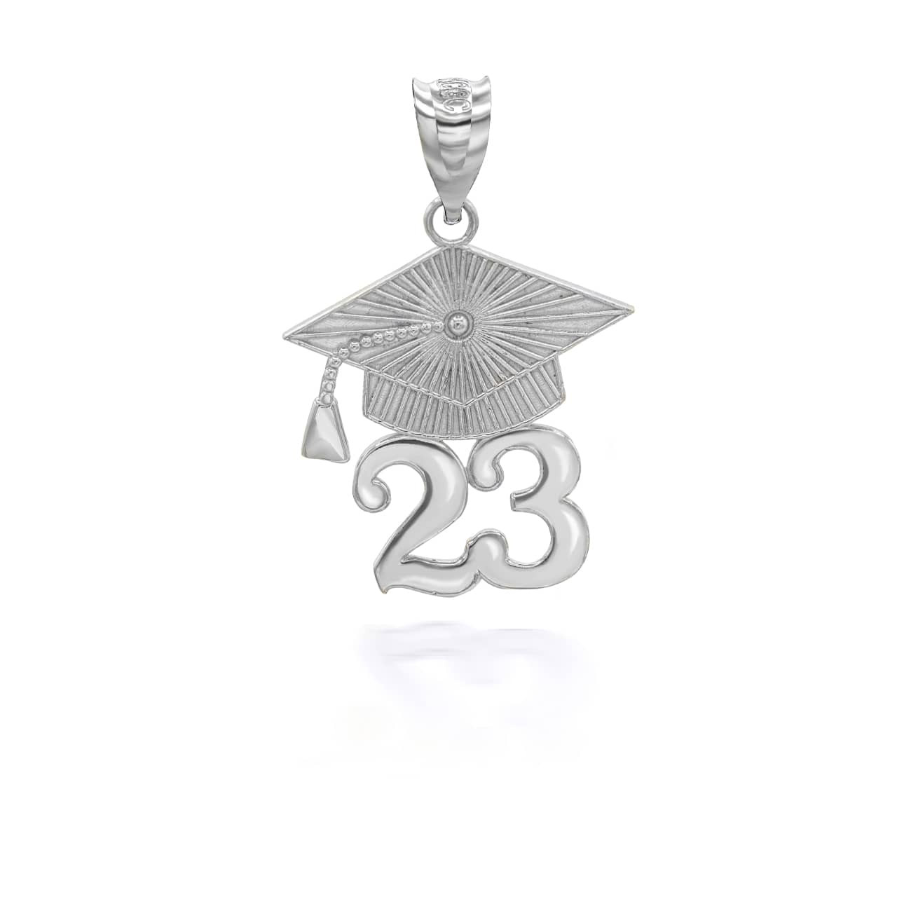 White Gold 2023 Graduation Cap Pendant Necklace