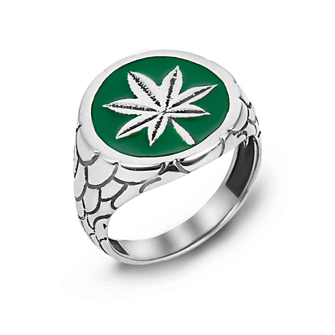 925 Sterling Silver Green Enamel Marijuana Leaf Weed Scaled Signet
