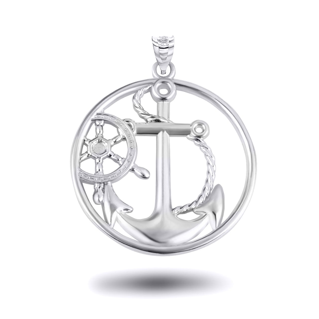 Silver Nautical Anchor Rope and Helm Mariner Circle Pendant Necklace Marine | Factory Direct Jewelry