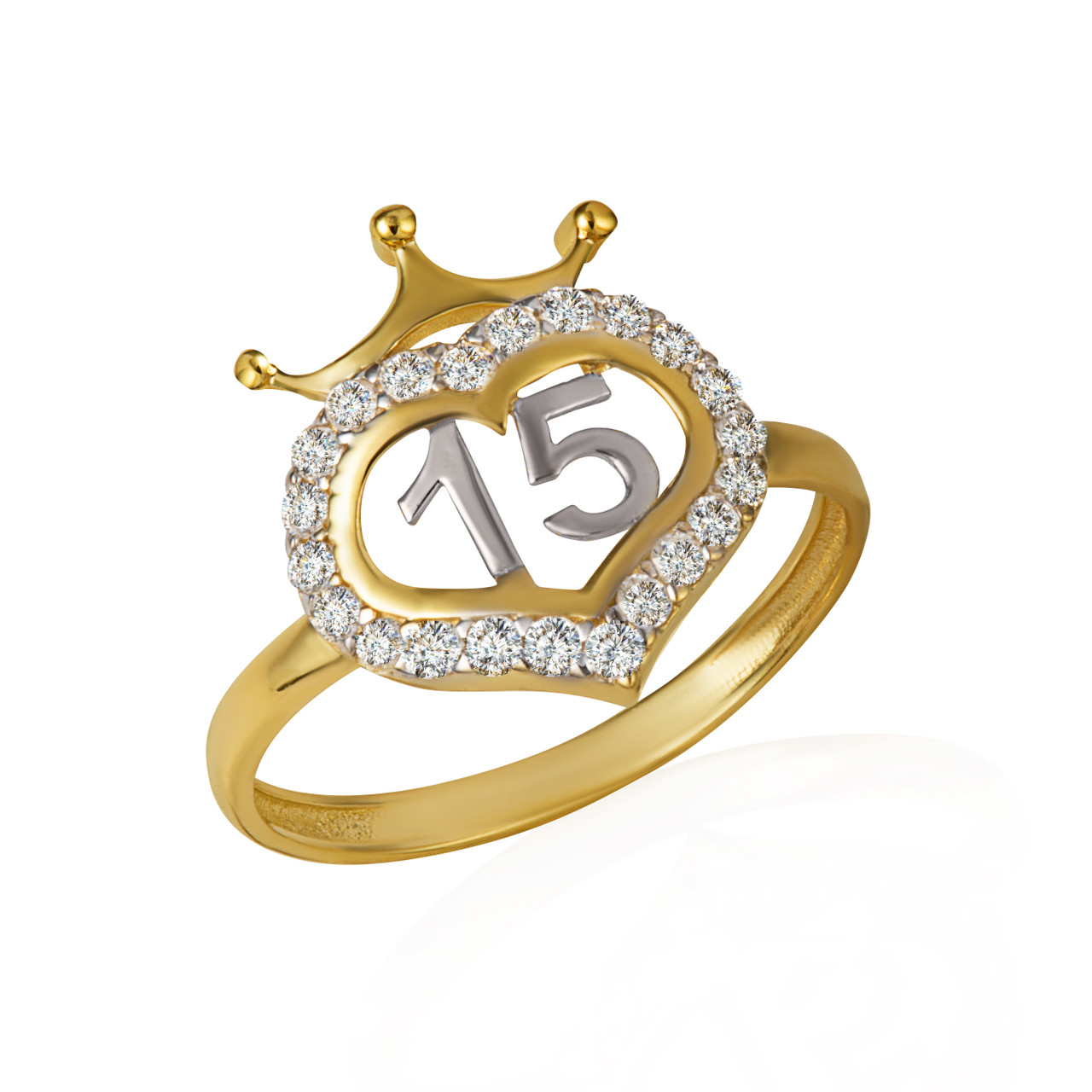 Ring Factory 14K Two-Tone Gold Cubic Zirconia 15 Años Heart Crown Quinceañera Ring ...
