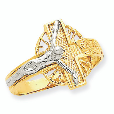 Diamond-Cut Mens Crucifix Ring 14K