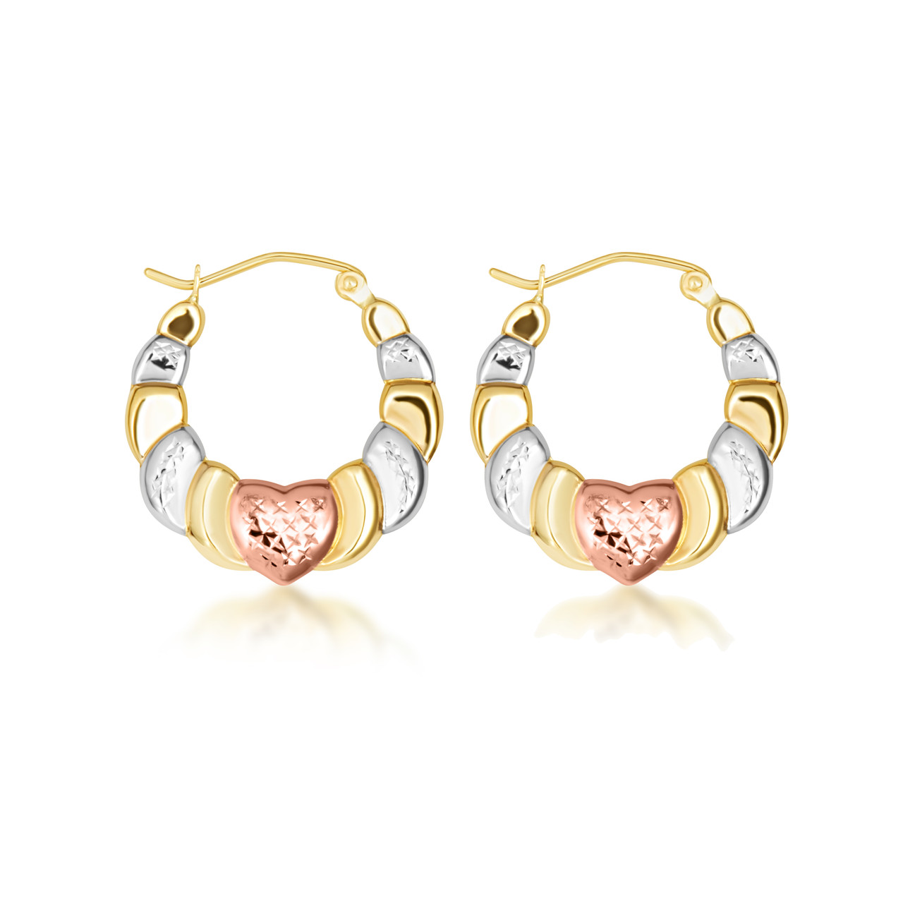 14K TriColor Gold Heart Hoop Earrings Factory Direct Jewelry