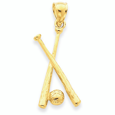 14k Polished Gold OpenBacked Bats & Ball Baseball Pendant