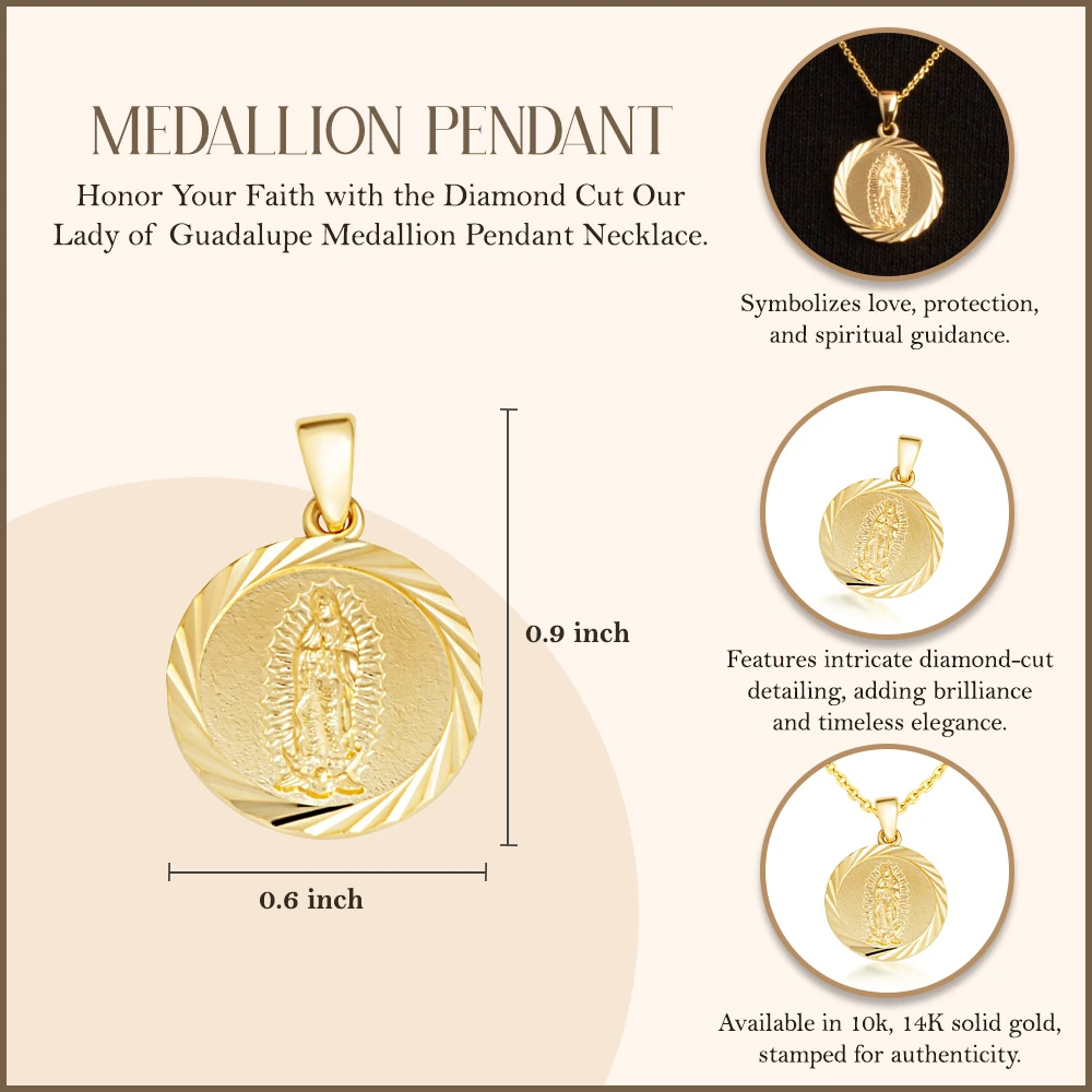 Yellow Gold Diamond Cut Our Lady of Guadalupe Medallion Pendant ...