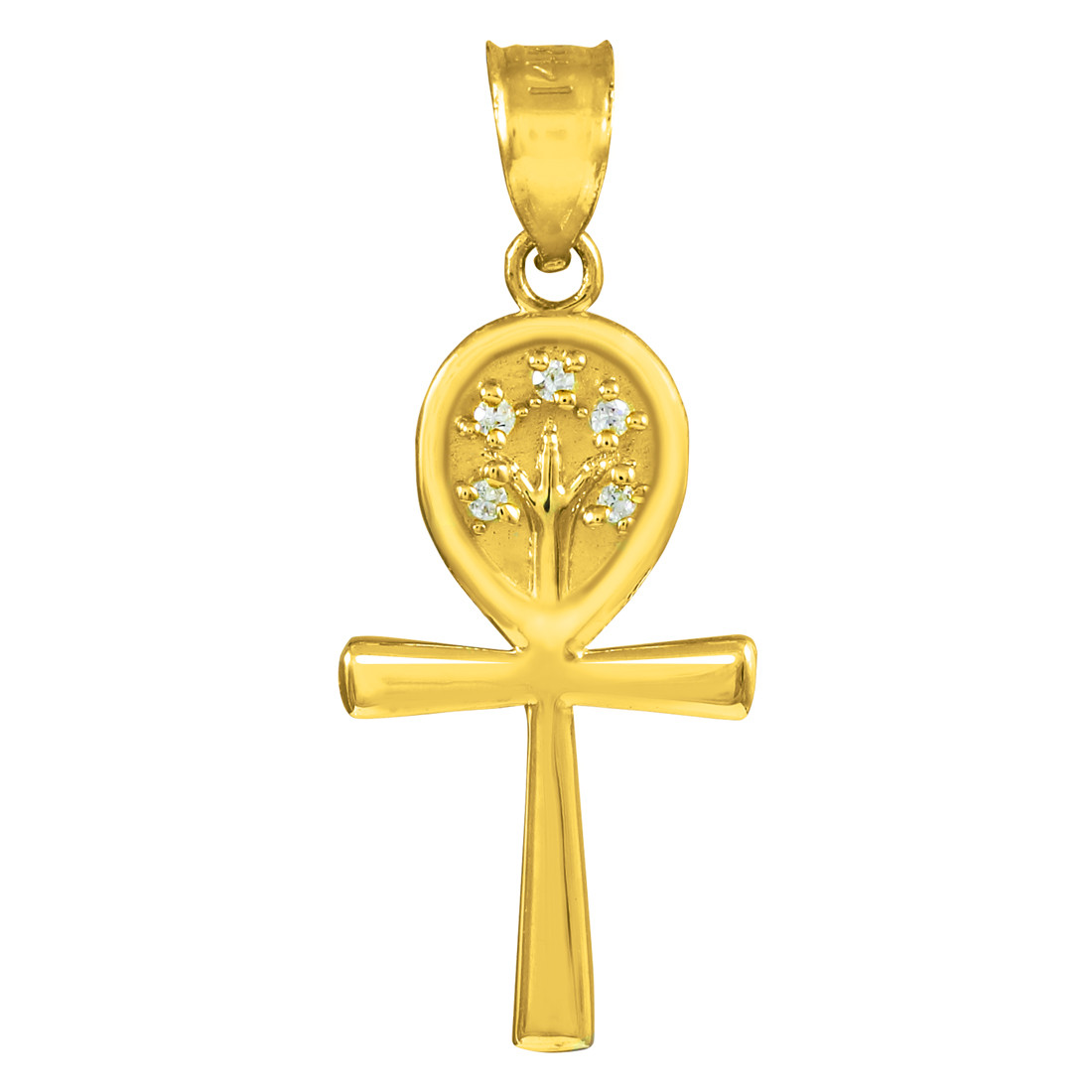 Yellow Gold Ankh Cross Tree of Life CZ 