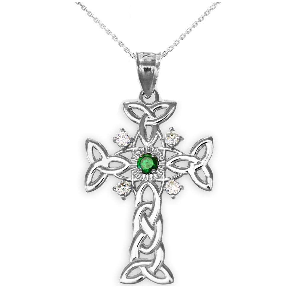 Sterling Silver Celtic Knot Trinity Cross Diamond Pendant Necklace with