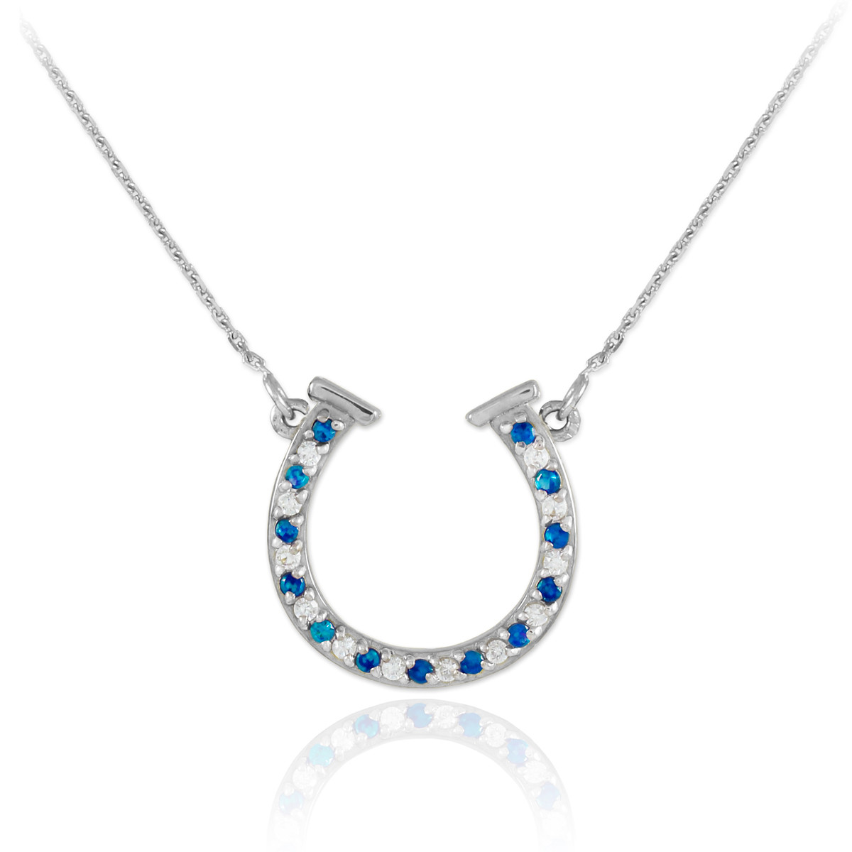 14K White Gold Diamond & Blue Sapphire Horseshoe Necklace