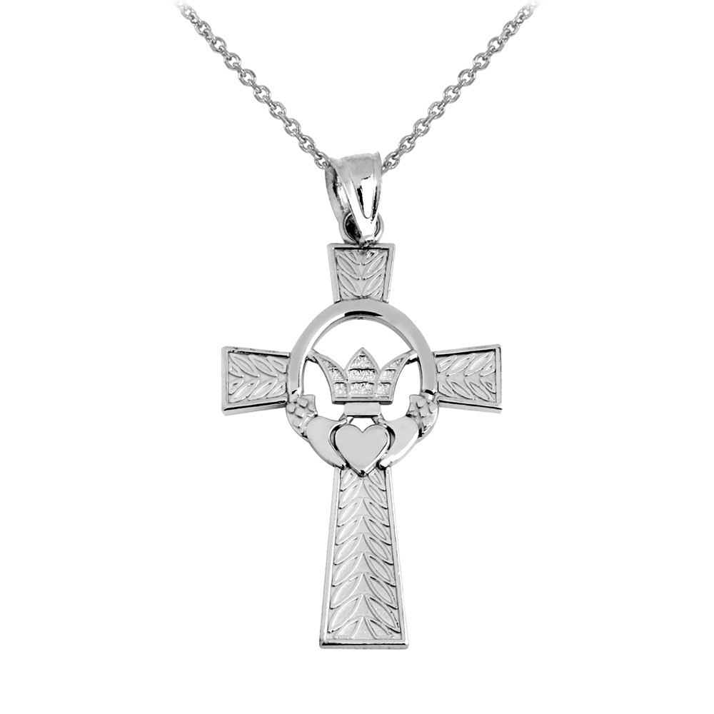 White Gold Claddagh Irish Cross Pendant 