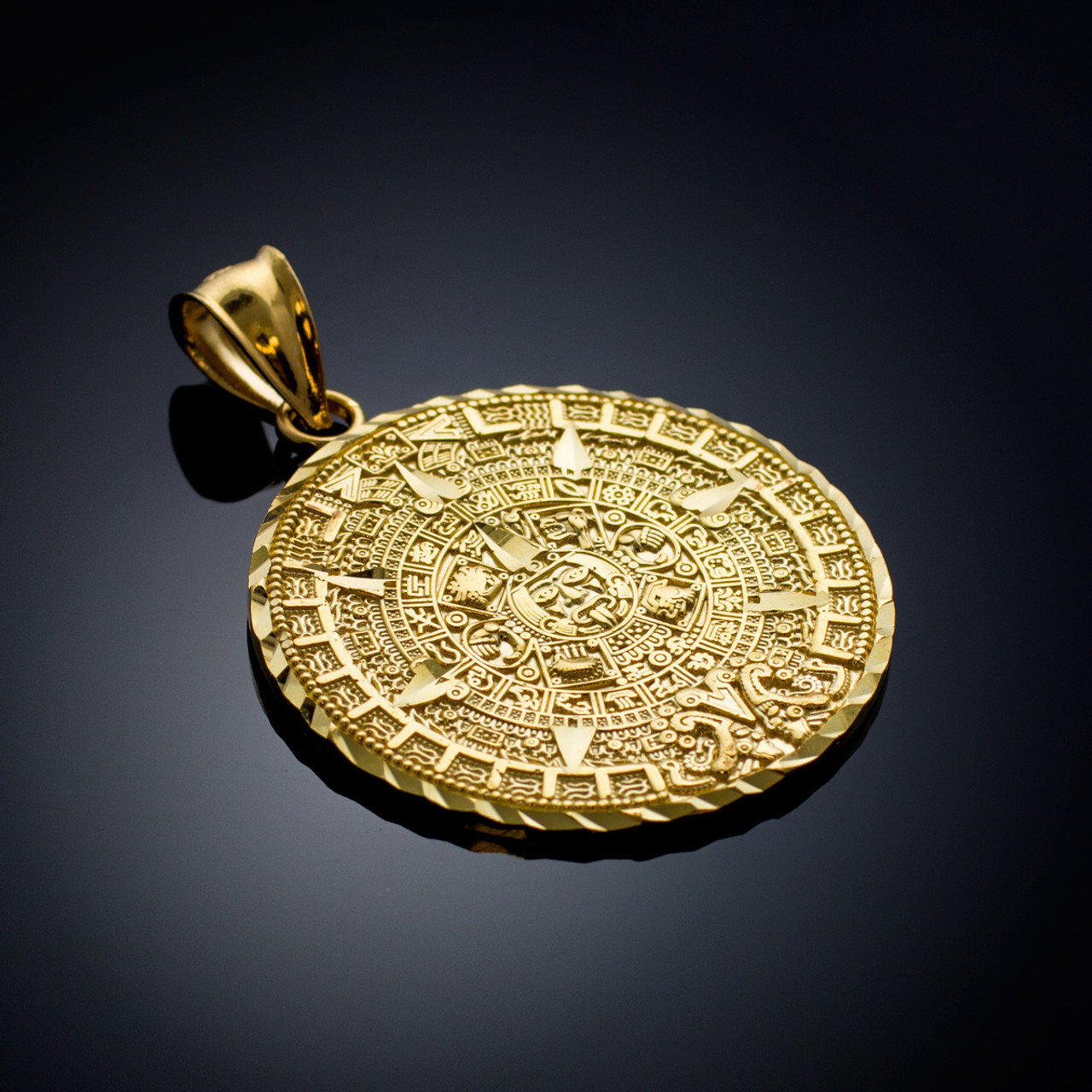 White Gold Aztec Mayan Sun Calendar Pendant Necklace