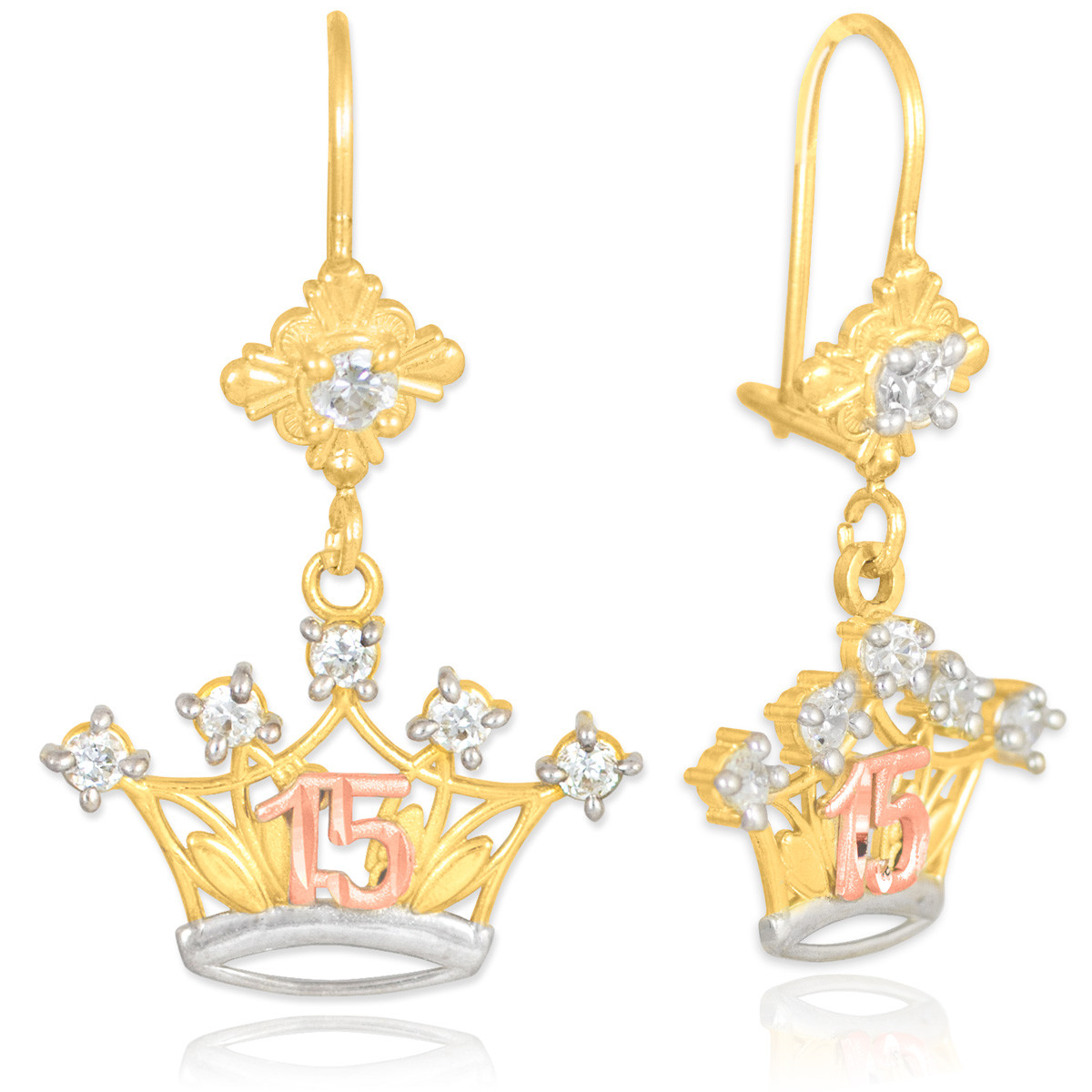 Tri-Color Gold Cubic Zirconia Crown 15 Años Quinceañera Drop