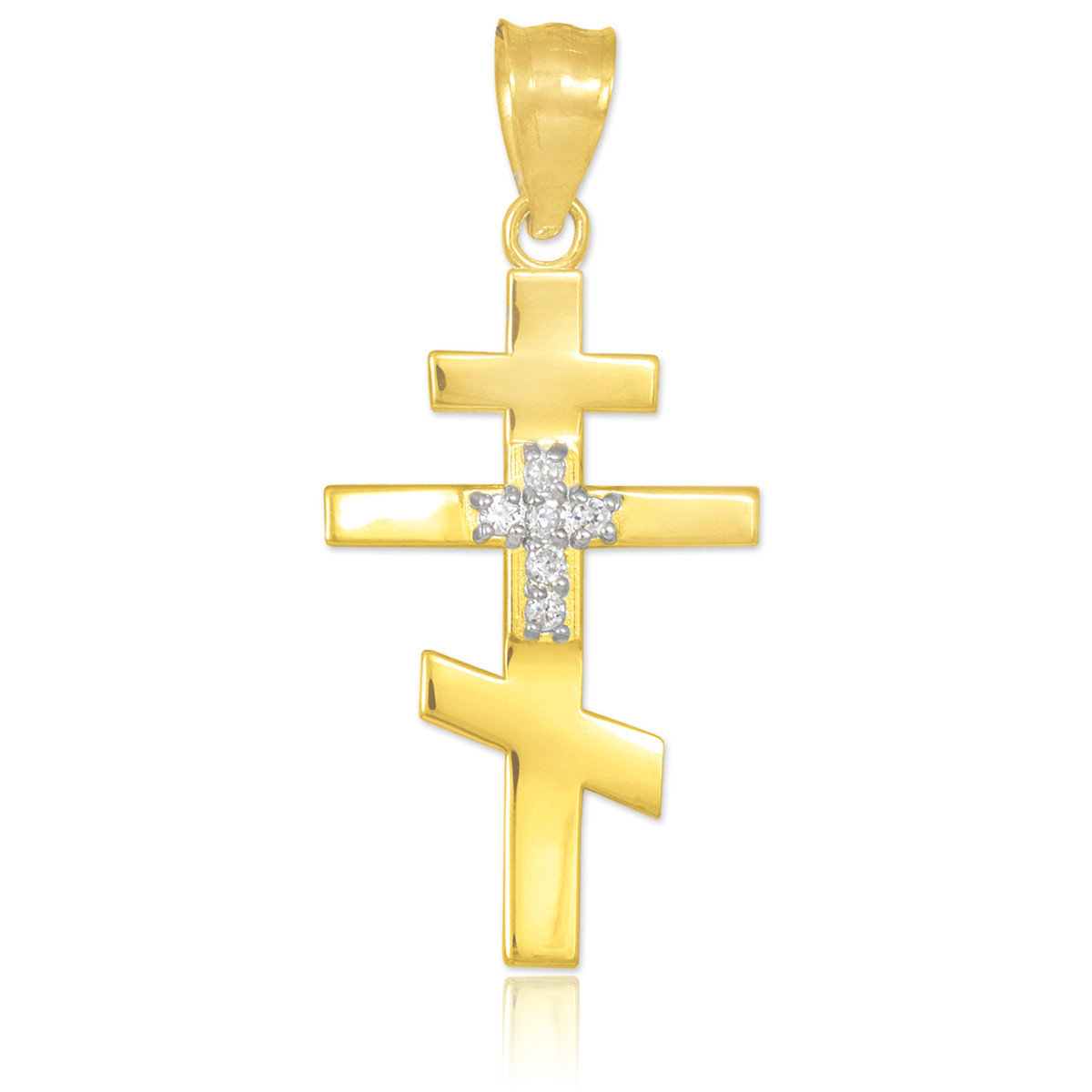 14k White Gold Diamond Russian Orthodox Cross Pendant - 3 Crossbeam Design, 1.20g