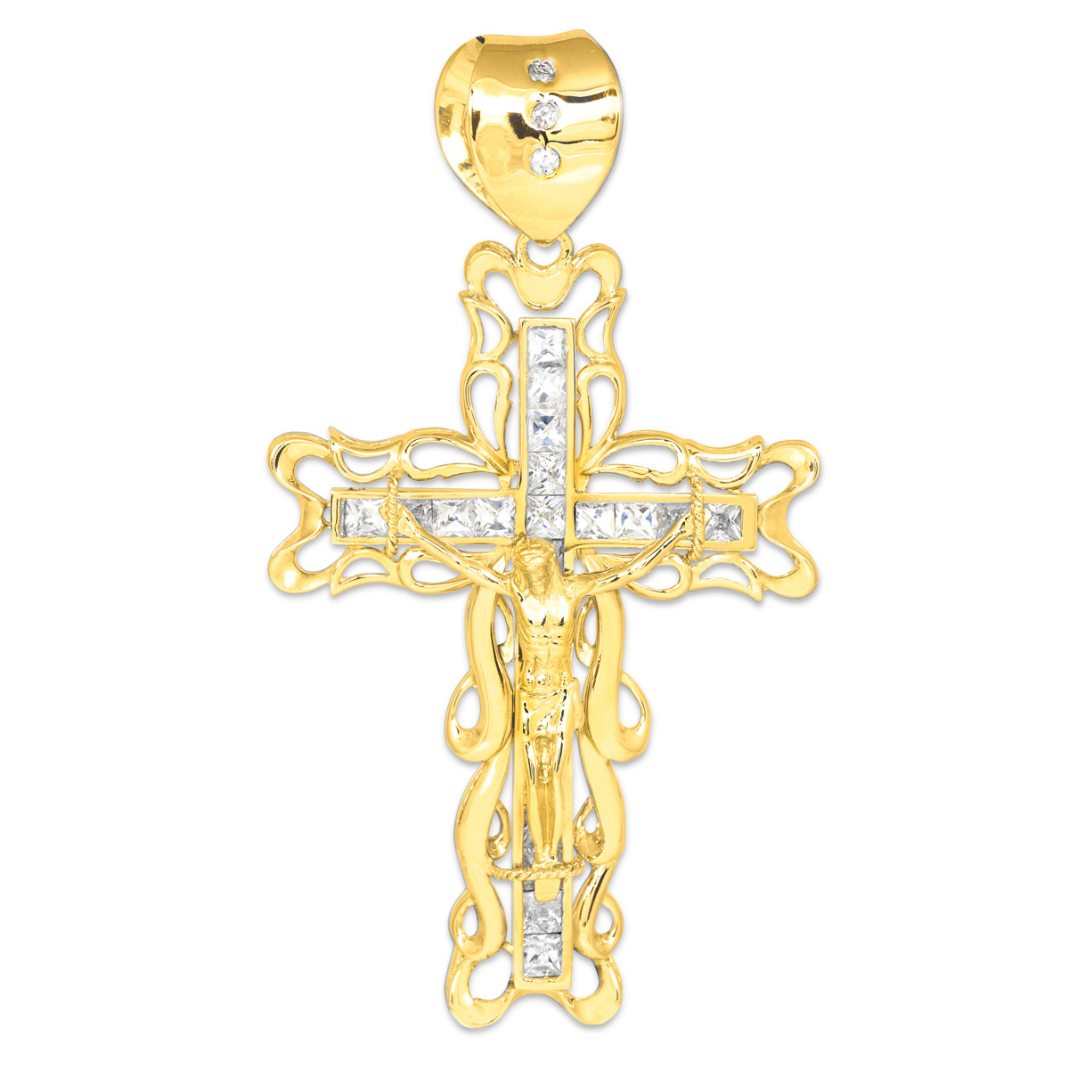 Large Yellow Gold Filigree Crucifix CZ 