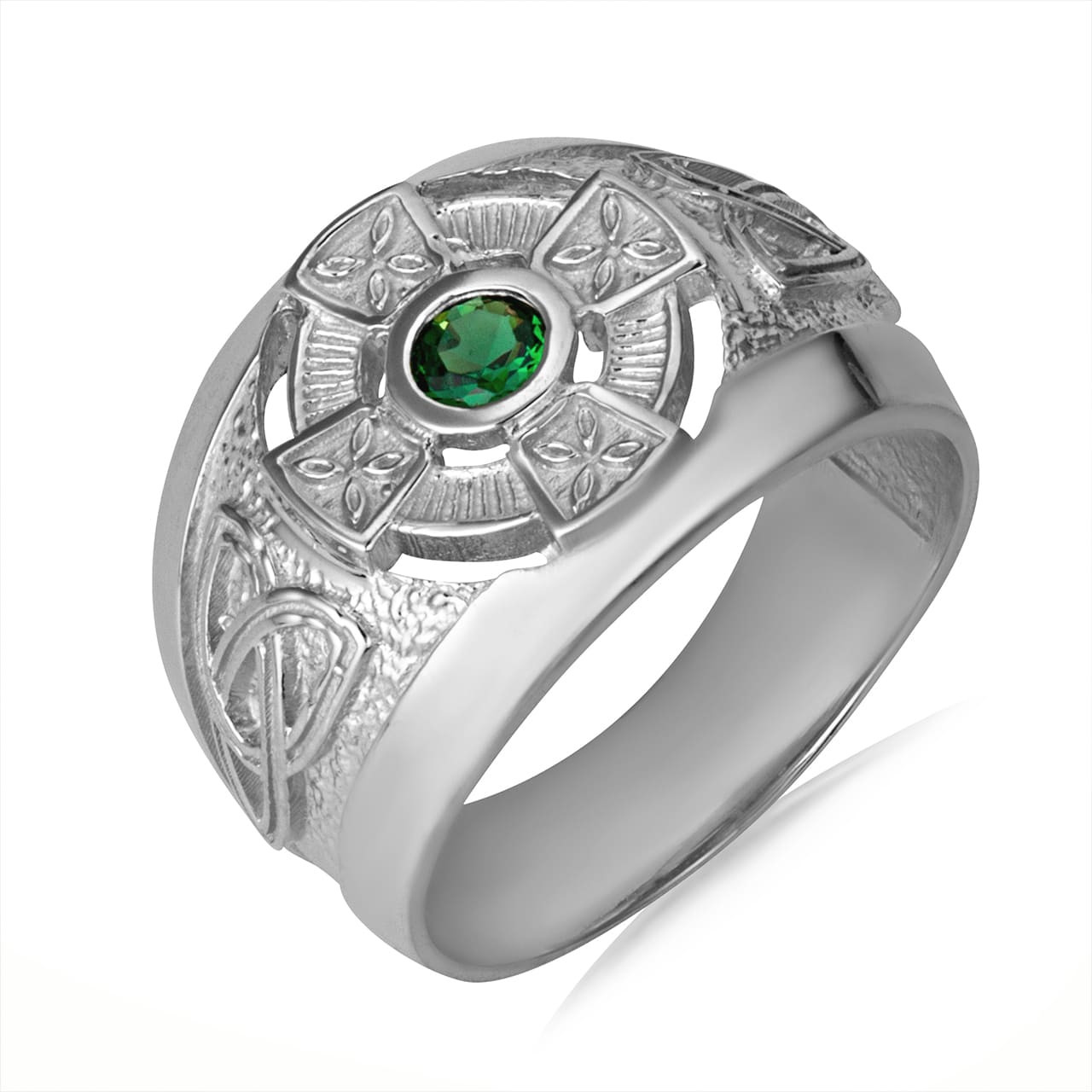925 Sterling Silver Emerald CZ Celtic Cross Men's Ring | Factory