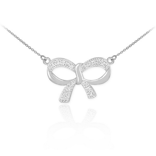 14K Polished White Gold Diamond Bow Necklace