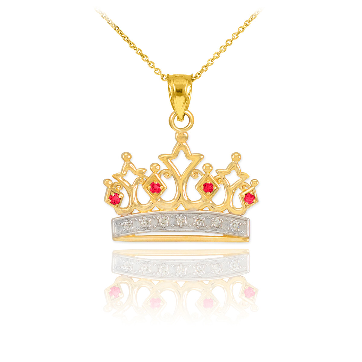 Gold Ruby Crown Pendant Necklace With Diamonds
