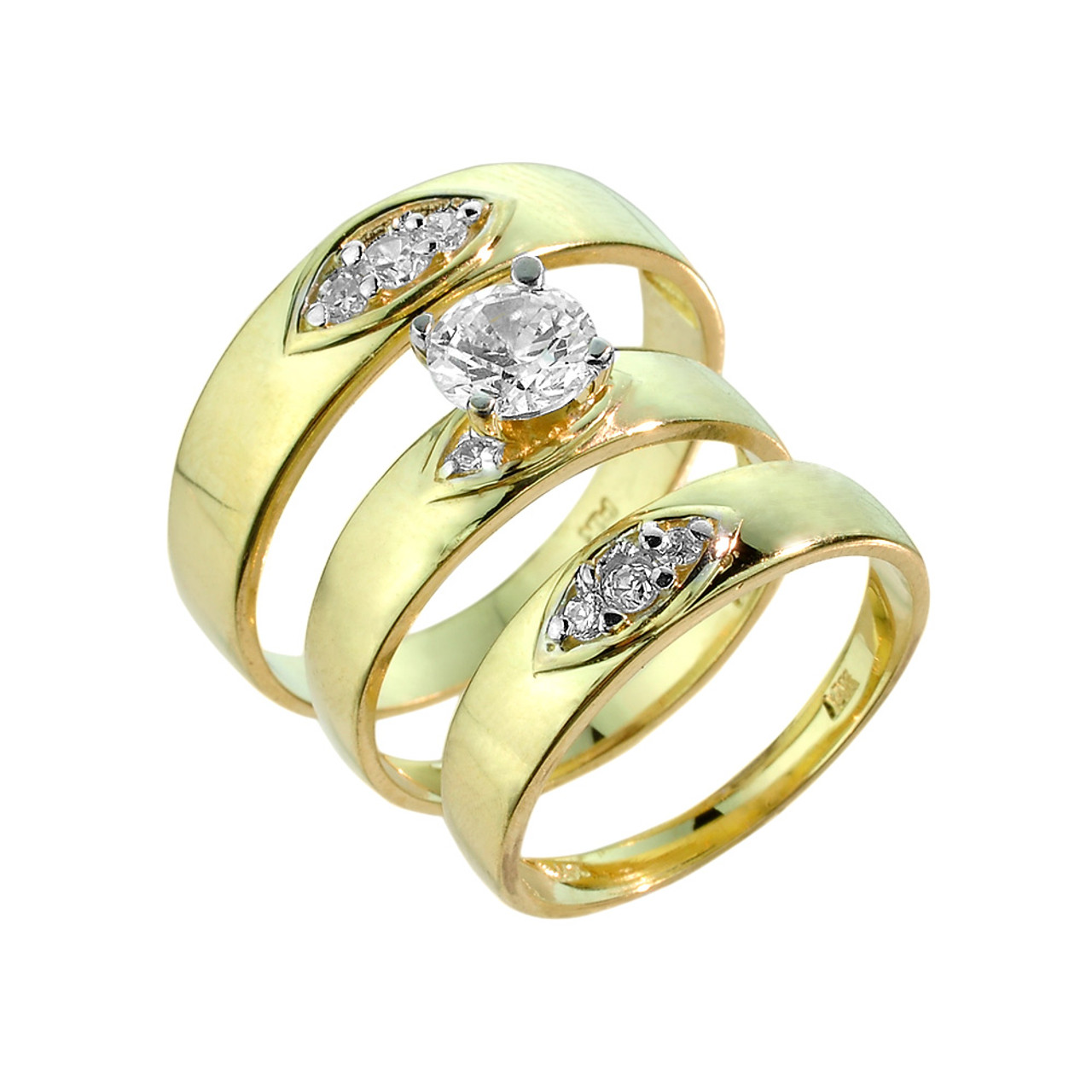 Gold Cubic Zirconia 3  Piece  Wedding  Ring  Set 