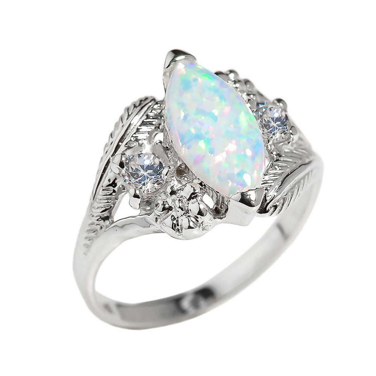 White Gold Lab Created Marquise Opal Gemstone Ring