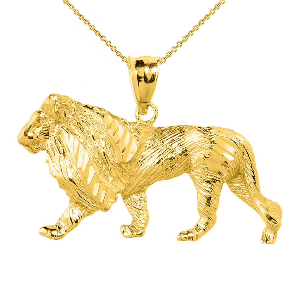 Yellow Gold Diamond Cut Lion Pendant Necklace