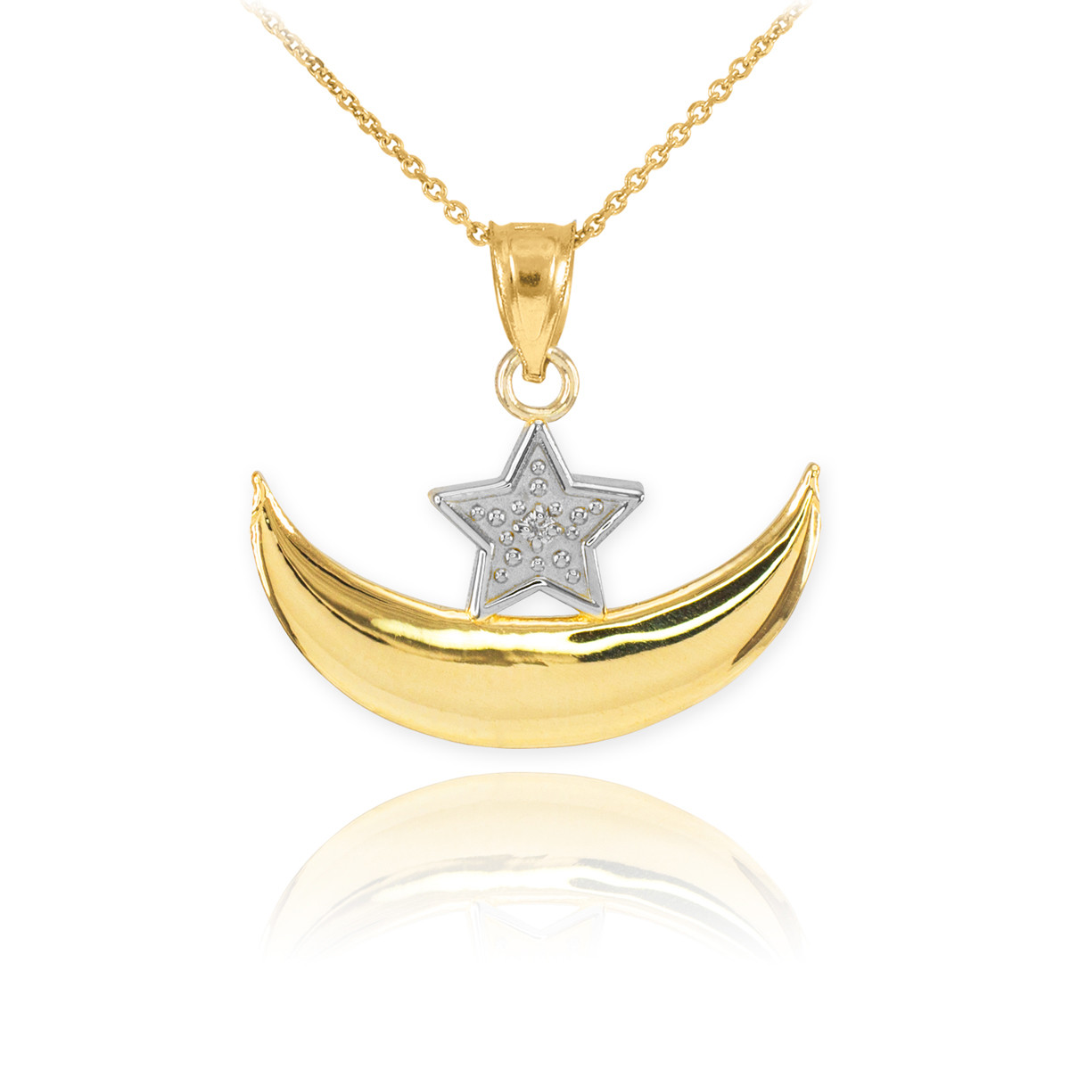 Gold Diamond Crescent Moon and Star Islamic Pendant Necklace