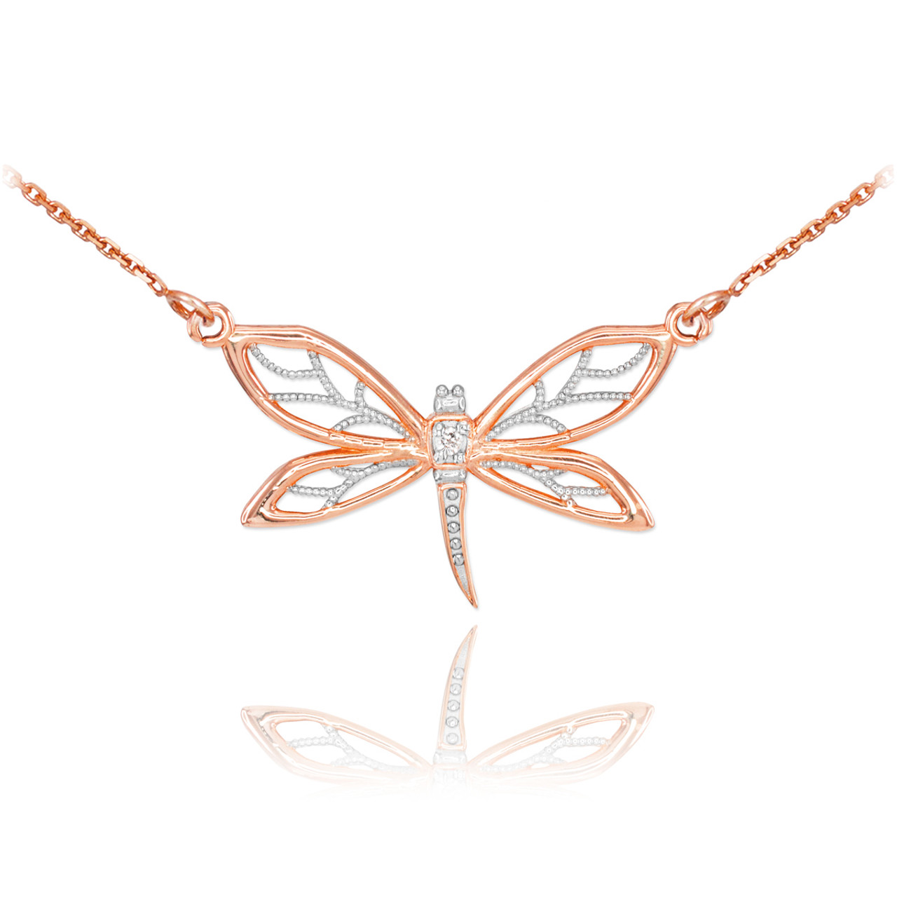 14k Rose Gold Diamond Dragonfly Filigree Necklace | Dragonfly Necklaces