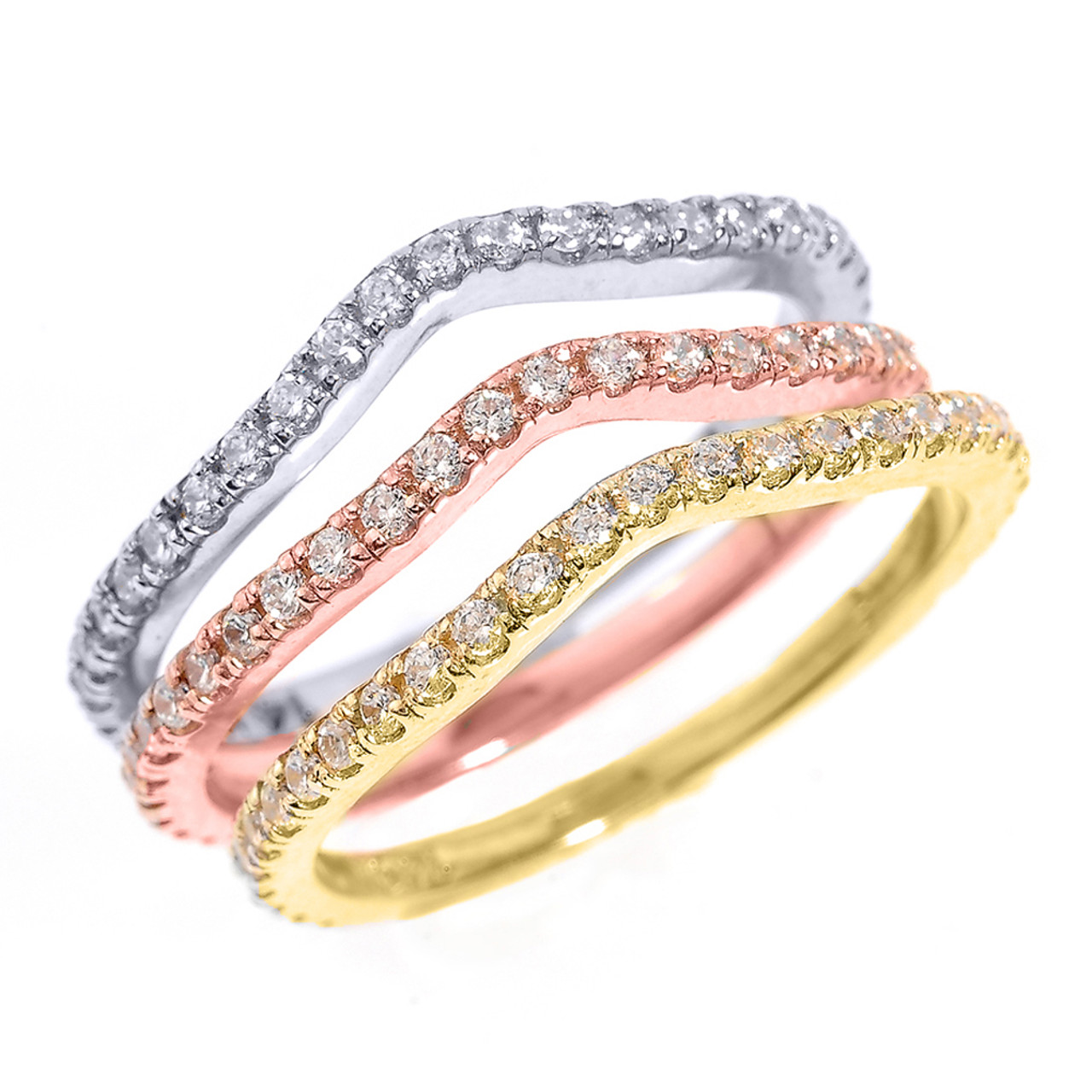 14k Tri Color Gold Chevron CZ Stackable 3Piece Wedding Ring Set