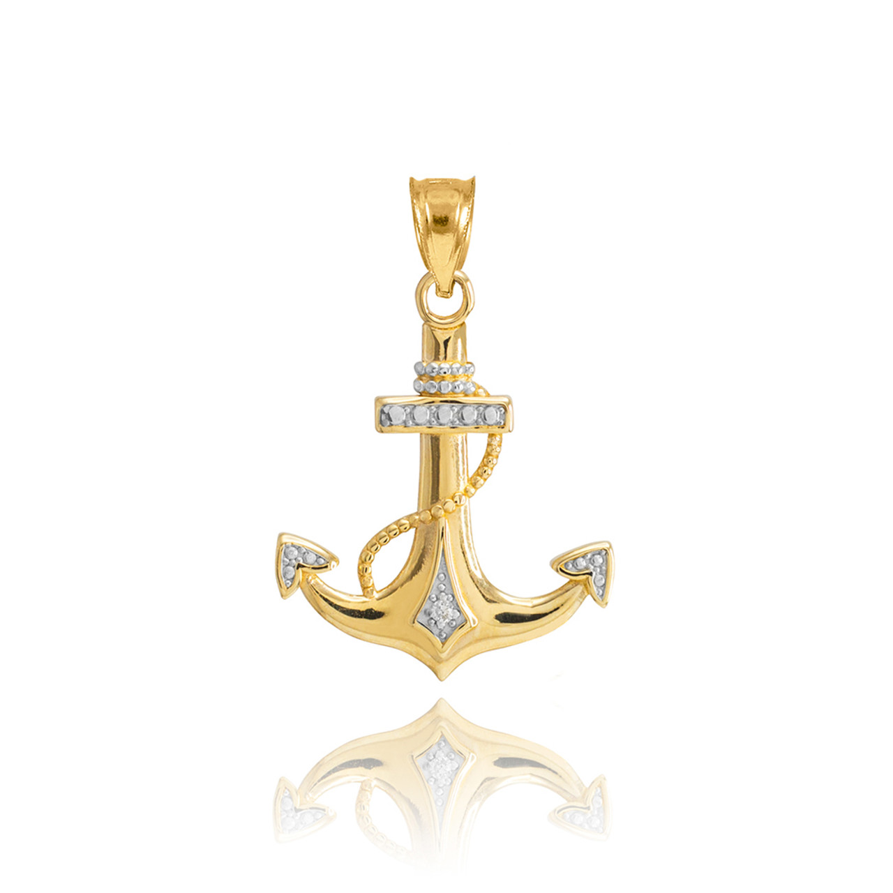 Two Tone Solid Yellow Gold Anchor Diamond Pendant Necklace