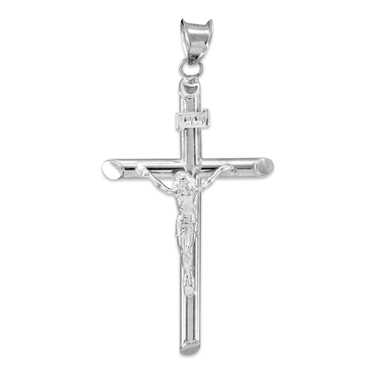 14K White Gold Polished Tube Crucifix Pendant