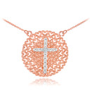 Two-Tone Rose Gold Filigree Heart Cross Diamond Necklace