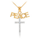 14K Two Tone Gold PEACE Cross Diamond Pendant Necklace