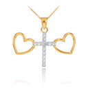 14K Two Tone Gold Heart Cross Diamond Charm Necklace