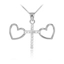 14K White Gold Heart Cross Diamond Charm Necklace