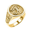 Yellow Gold Egyptian Eye of Horus Wedjat Ankh Cross Men's Ring