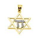 Yellow Gold Star of David with Chai Diamond Pendant Necklace