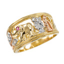 Tri-tone Solid Gold Red CZ Lucky Ring