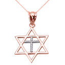 Rose Gold Star of David with Diamond Cross Pendant Necklace